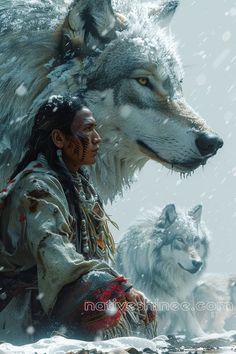 a native american woman sitting in the snow with two white wolfs behind her on a snowy day