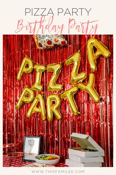 a pizza party with balloons and streamers