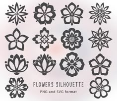 flower silhouettes are shown in black and white, with the text'flowers silhouette png