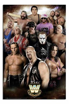 an image of the wrestling world champions in front of a background with other wrestlers