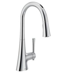 the kitchen faucet is shown in stainless steel, with an angled spout