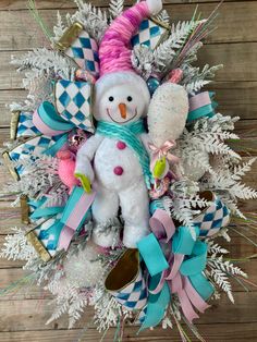 a snowman wreath on top of a wooden table