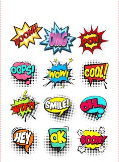 various comic speech bubbles are shown in this image, with the word pop written on them