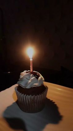 a cupcake with a single candle on it