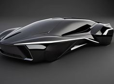 a futuristic car is shown in black and silver colors on a dark background, it appears to be an electric vehicle