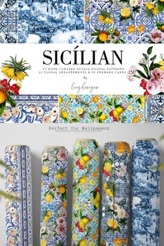 the front cover of sicilian magazine, featuring blue and white tiles with lemons on them