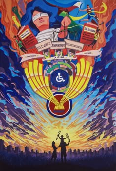 a painting of two people standing in front of a large poster with symbols on it