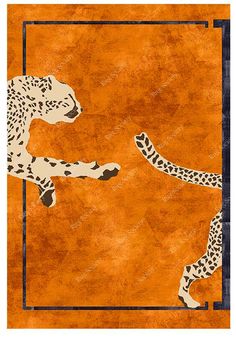 two cheetah are playing with each other on an orange background and black border