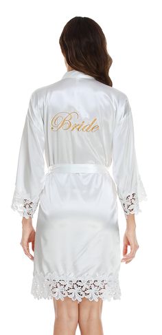 PRICES MAY VARY. [MATERIAL]: The Bride and Bridesmaid robes are made of Ultra-Luxe And Silky-Soft satin fabric [DESIGN]: Half sleeve; Sexy Lace Trim Design; With delicate Embroidery lettering "Bride" "Bridesmaid" and "Maid of Honor" on back. [OCCASIONS]: Perfect choice for wedding day, getting ready, bridal shower, sleeping, bathing and lounging. The robes for bridesmaids are also a premium wedding gift for bridal party. [SIZE]: One Size, Fits the body type of most people.Bust: 50.4inch; Length: Bride And Bridesmaid Robes, Bridal Robes Getting Ready, Kimono Bride, Bridesmaid And Maid Of Honor, Robes For Bridesmaids, Wedding Day Getting Ready, Short Kimono Robe, Short Kimono, Bridesmaid Robes