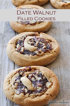 chocolate chip cookies are arranged in rows on a wooden table with text overlay that reads date walnut filled cookies