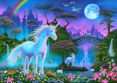 the unicorns are standing in front of a waterfall and rainbow - filled forest with flowers