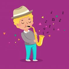 a boy playing the saxophone with music notes coming out of his mouth and wearing a hat