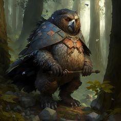 an owl dressed in armor and holding a stick standing in the middle of a forest