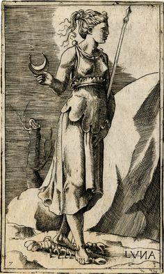 an old black and white drawing of a woman with a staff in her hand, standing next to a mountain