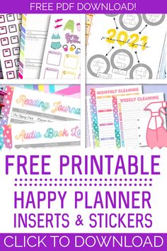 the free printable happy planner inserts and stickers is shown with text that reads,