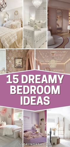 a collage of photos with the words 15 dreamy bedroom ideas in white and pink