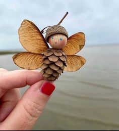 a hand holding a tiny pine cone with a small doll on it's back