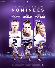 the poster for the women's tennis team is shown in purple and white colors