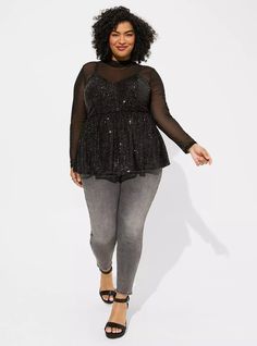 FIT Model is 5'10” wearing size 1. . Measures 28” from shoulder (size 2). MATERIALS + CARE Sequin woven fabric. 96% polyester, 4% spandex. Dry clean only. Imported. DETAILS Deep v-neck. Sleeveless. Sequined detail. . Peplum detail. . The best plus size women's peplum sequin v-neck tank sleeveless & tops in deep black made of sequin. Rock your look from Torrid to Festivals like Coachella and Lollapalooza, a concert, a show, or just for fun! Torrid is your destination for cozy fall and winter clot Sequin Shirt, Sequin Outfit, New Street Style, Holiday Tops, Velvet Pants, Sequin Top, Cozy Fall, Dressed Down, Perfect Outfit