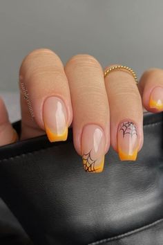 Nail Art Designs Short Nail Designs For October, Gel Nail Ideas Short Fall, Spooky Nails Orange And Black, Orange And Grey Halloween Nails, Halloween Nails Orange Tips, Fall Nails Ideas Halloween, Orange Tip Halloween Nails, Orange Nails With Spider Web, Black And Orange Nails Almond Shape