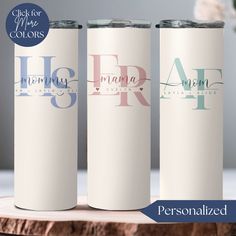 three personalized stainless steel tumblers with the names of two different people on them