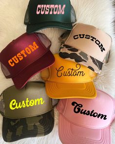 Choose from our wide range of unique fonts and color combinations to create your own customized trucker hat! Each trucker hat is high crown, foam with terry lining inside, with a snap back adjustment.  Please select your hat color and text color. Add your number of font selection and personalized text on personalization option. After purchase is complete, we will follow up with a message to you within 48 hours with a mock-up for you to approve before we make it! Trendy Personalized Baseball Cap, Hip Hop Snapback Hat With Letter Print, Hip Hop Snapback Hat With Letter Print Visor, Snapback Visor Hat With Letter Print, Trendy Letter Print Snapback Hat For Outdoor, Trendy Snapback Hat With Letter Print For Outdoor, Letter Print Snapback Hat, Trendy Trucker Hat With Visor For Streetwear, Custom Adjustable Snapback Baseball Cap