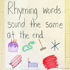 a sign that says rhyming words sound the same at the end with pictures of objects on it