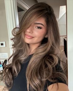 Long Hair With Brown Highlights, Face Framing Chunky Highlights, Brown Eyed Hair Color Ideas, Brown Foliage Hair, Brownish Hair With Blonde Highlights, Partial Balayage Before And After, Tan With Brown Hair, Light Brown On Dark Brown Hair, Balayage Mocha Brown