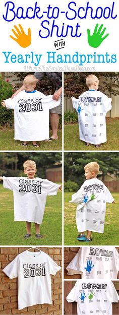 the back to school shirt with handprints on it is shown in four different pictures