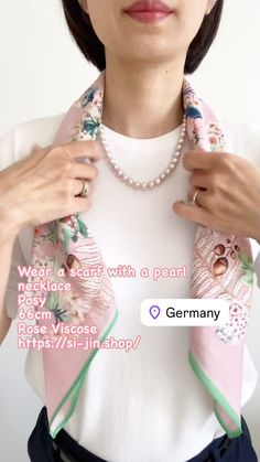 Si-jin_Scarf | Pearl necklace with scarf. Perfect match. Posy - 66 x 66 cm - 100% viscose (from rose petals), smell like rose - Both sides… | Instagram Scarf And Pearl Necklace, May 11, Silk Scarves, Rose Petals, Art Artwork