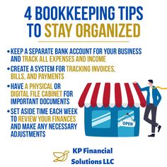 a man in business attire is holding a sign that says 4 bookkeeping tips to stay organized