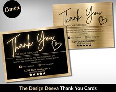 the design deve thank you cards are available in gold, black and white colors