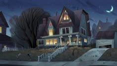 an animated house at night with the moon in the sky