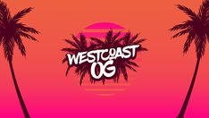 the west coast logo with two palm trees in front of an orange and pink sunset