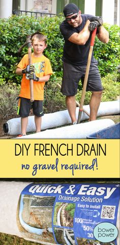 a man and his son are working in the garden with text overlay that reads diy french drain no gravel required quick & easy drainage solution