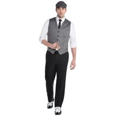 Buy the Roaring 20's Adult Costume at Michaels. com. Dance the night away with this Roaring 20's Costume. This stylish costume features a white shirt with attached grey vest and black tie as well as matching hat. Dance the night away with this Roaring 20's Costume. This stylish costume features a white shirt with attached grey vest and black tie as well as matching hat. Pocket watch, pants, and shoes not included. Details: Gray Adult standard size (one size fits most adults) Includes shirt with Dress For The Decades Boys, Gatsby Party Dress Men, Roaring 20s Mens Costume, The Great Gatsby Costumes Men, The Great Gatsby Men Outfits, Roaring 20s Party Outfit Men, Roaring 20s Party Outfit Mens, Great Gatsby Party Outfit For Men, 1920s Fashion Male