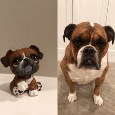 two different pictures of a dog and a stuffed animal on the same photo, one is brown and white