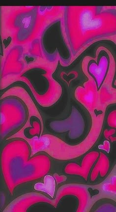 an abstract painting with hearts in pink, purple and black