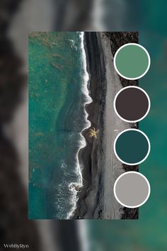 an aerial view of the ocean and beach with three different color palettes to choose from