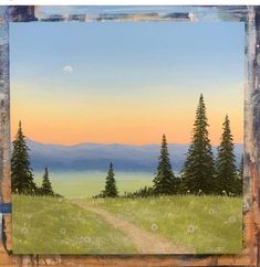 a painting of a dirt road in the middle of a field with trees and mountains