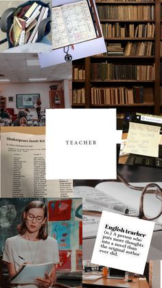 a collage of books and papers with the words teacher written on them