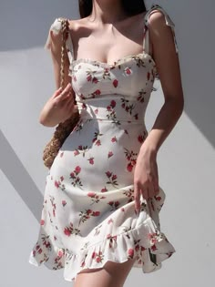 "Vestidos Informales" ~~Rosario Contreras~~ Cherry Print Dress, Casual White Dress, Suspender Dress, Floral Ruffle, Belle Epoque, Floral Mini Dress, White Mini Dress, Ruffle Dress