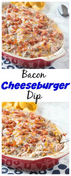 bacon cheeseburger dip in a red casserole dish on a blue and white tablecloth