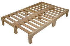 a wooden bed frame sitting on top of a white floor