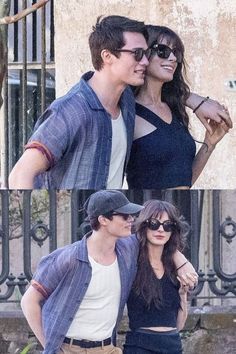 two people are kissing each other in front of a gate and fence with the caption's name on it