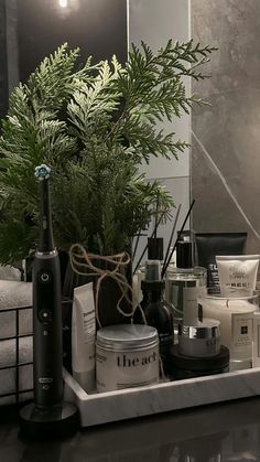 an assortment of personal care products in front of a mirror with a plant on it