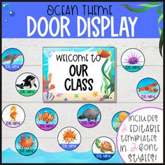 an ocean theme door display with different sea animals and words on the front, along with other stickers