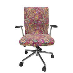 an office chair with wheels and colorful paisley print upholstered on the backrest