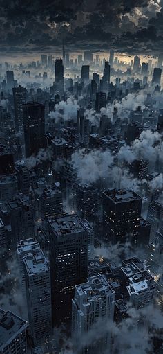 an aerial view of the city at night with clouds and buildings in the foreground