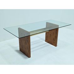 a glass and wood table on white background